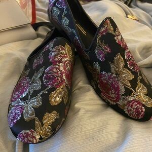 Toms Black Loafers with Pink and Gold Floral Embroidery